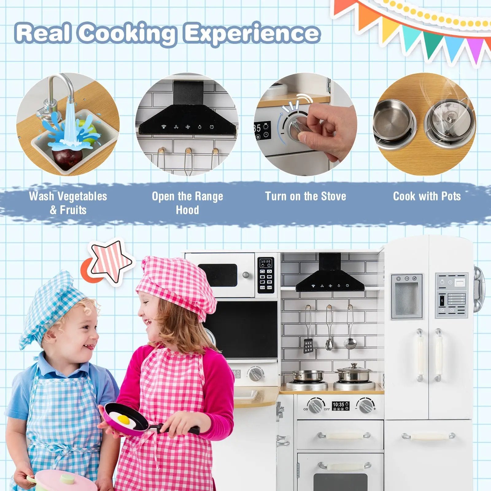 Wooden Kid's Corner Kitchen Playset with Stove for Toddlers-Natural & White by DirectDeals