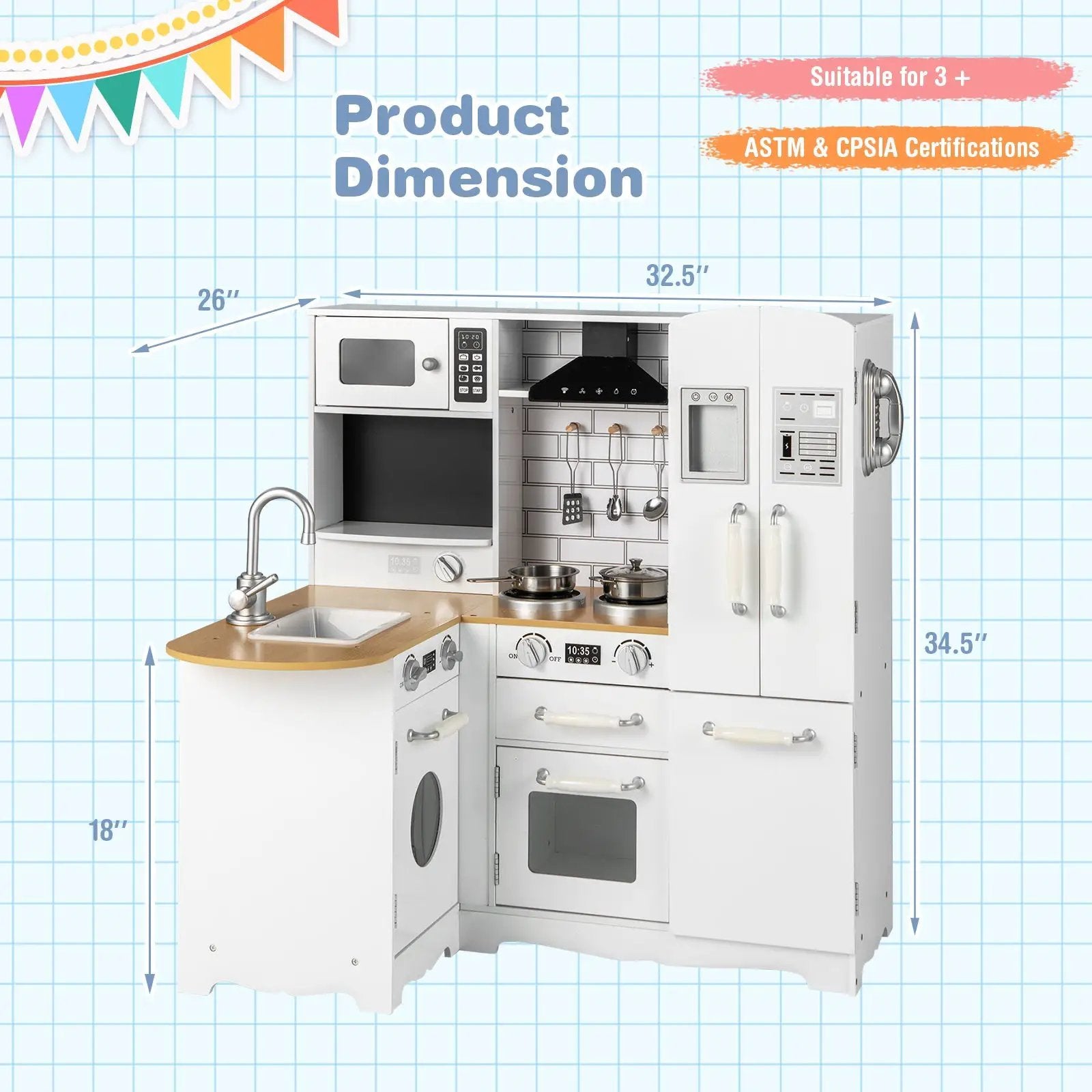 Wooden Kid's Corner Kitchen Playset with Stove for Toddlers-Natural & White by DirectDeals
