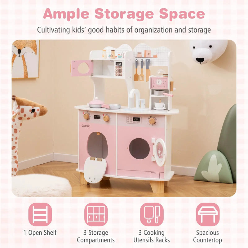 Wooden Kids Kitchen Playset with Coffee Maker for kids-Pink by DirectDeals
