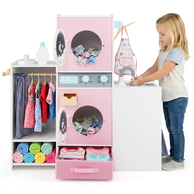 Wooden Kids Laundry Playset with Laundry Detergent Bottle and Clothes Hangers-Pink by DirectDeals