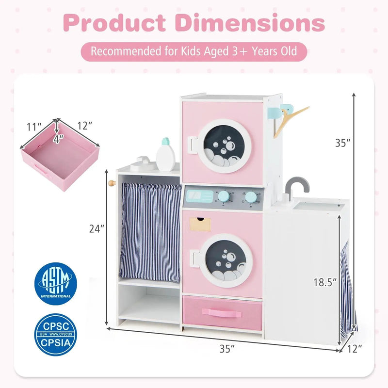 Wooden Kids Laundry Playset with Laundry Detergent Bottle and Clothes Hangers-Pink by DirectDeals