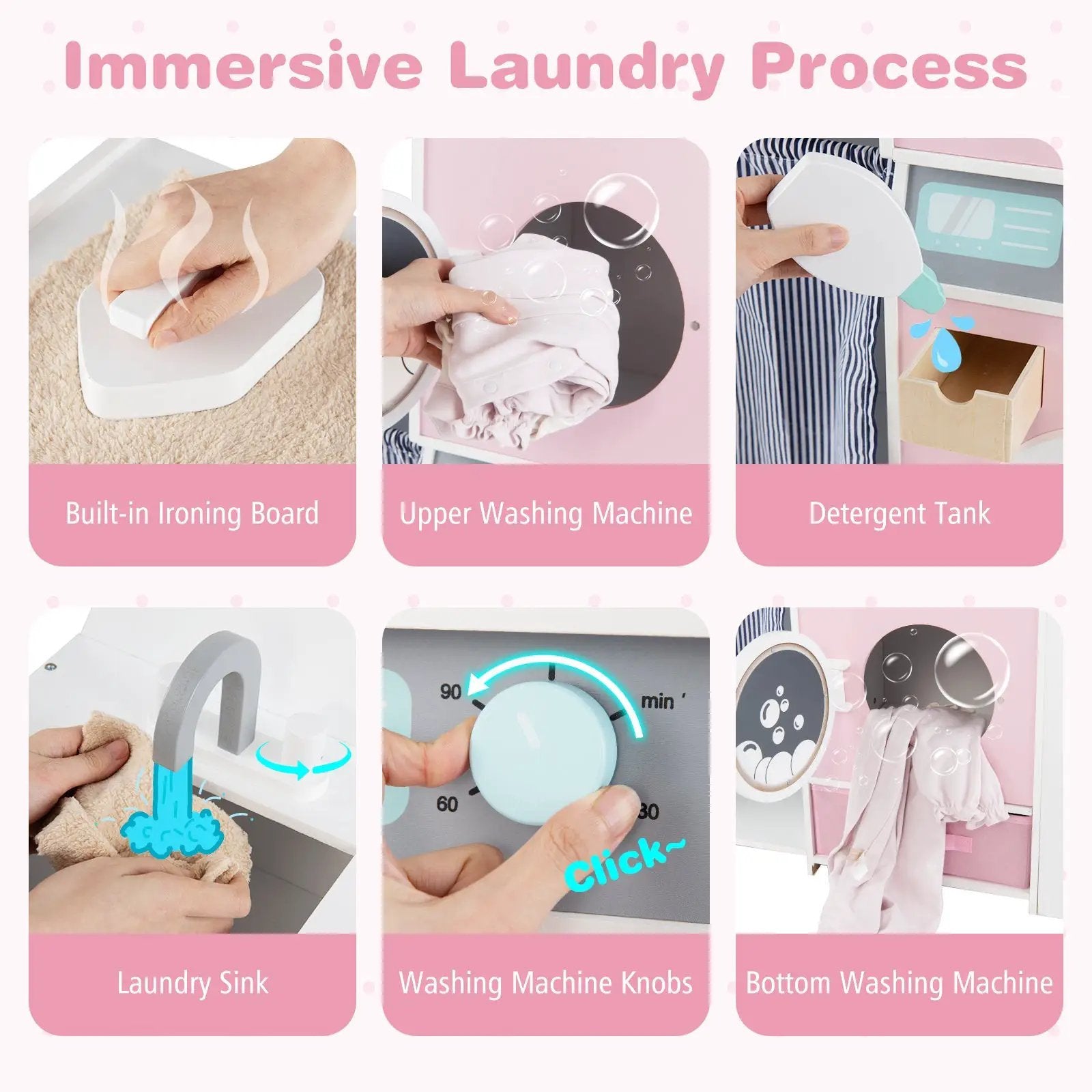 Wooden Kids Laundry Playset with Laundry Detergent Bottle and Clothes Hangers-Pink by DirectDeals