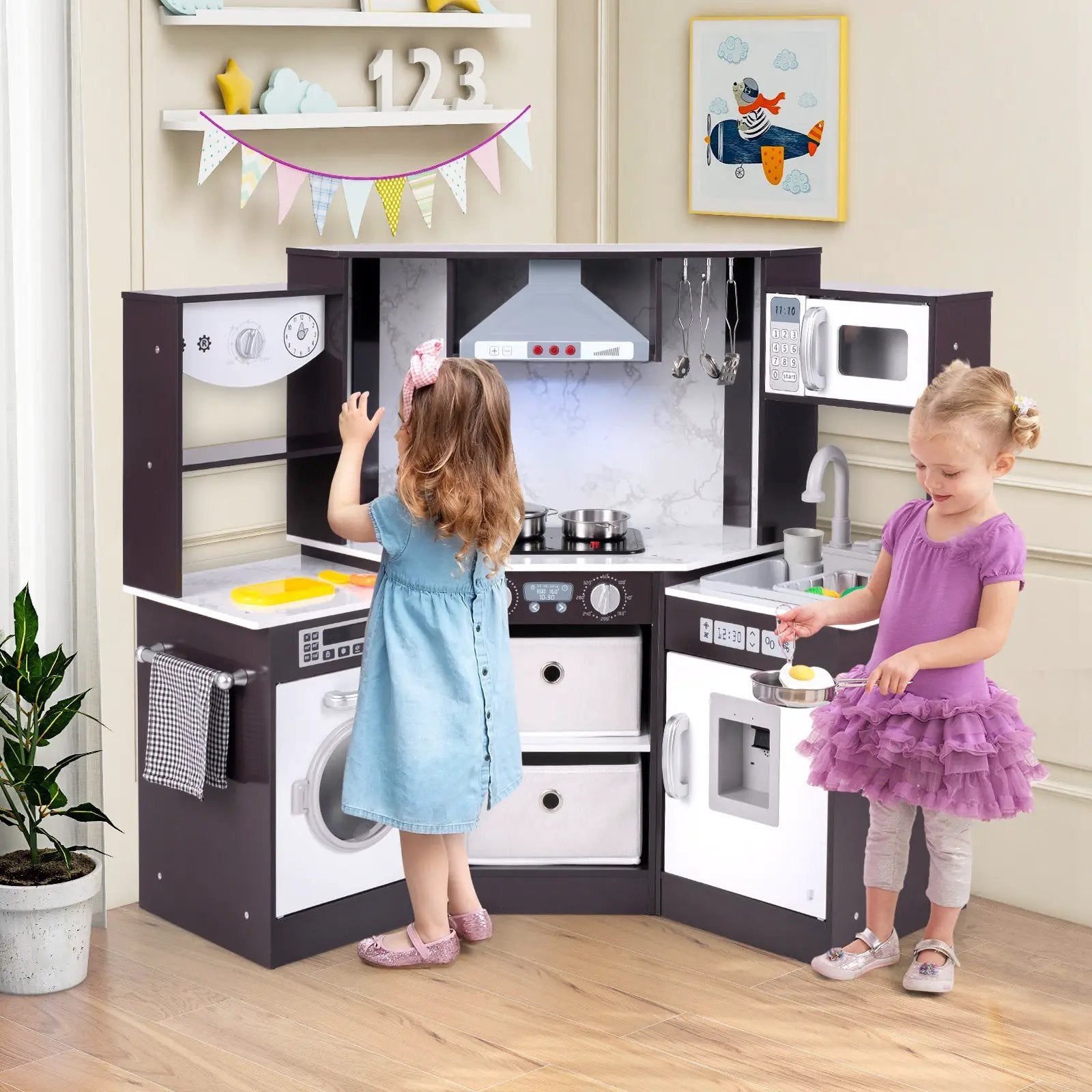 Wooden Kids Play Kitchen Playset with Realistic Lights and Sounds by DirectDeals