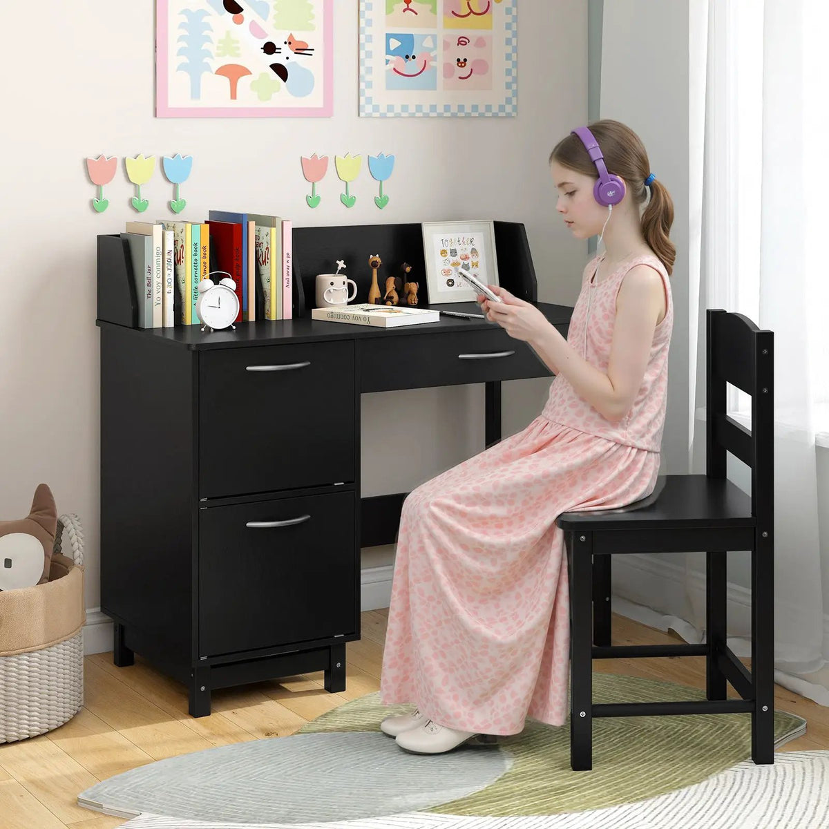 Wooden Kids Study Desk and Chair Set Student Workstation, photo 14 of 24
