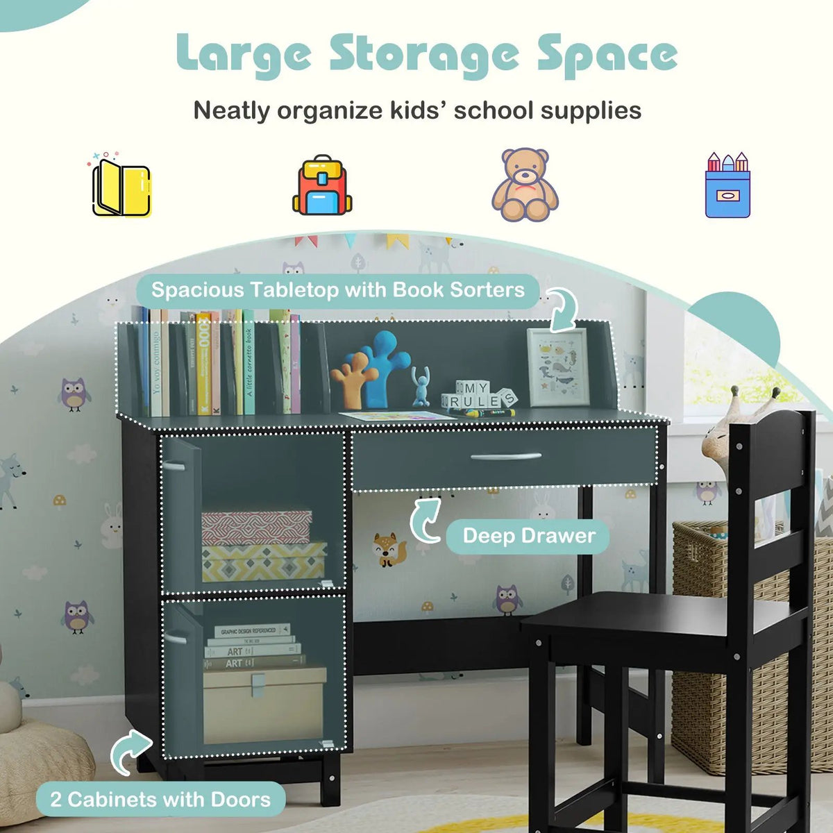 Wooden Kids Study Desk and Chair Set Student Workstation, photo 16 of 24