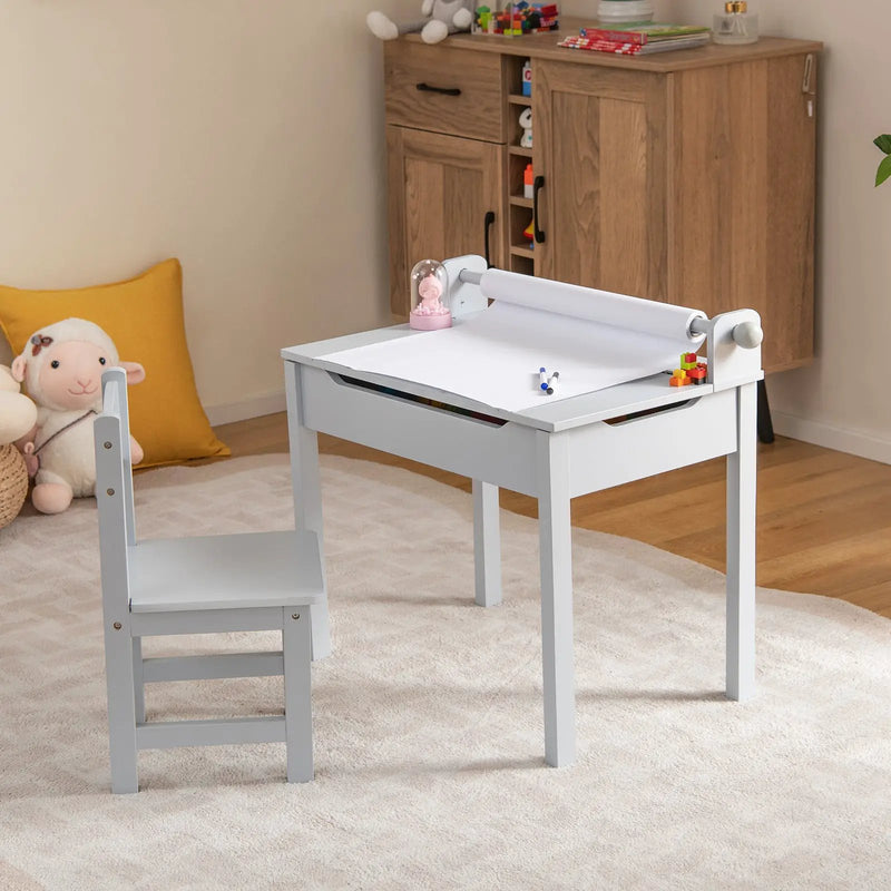 Wooden Kids Table and Chair Set with Storage and Paper Roll Holder by DirectDeals