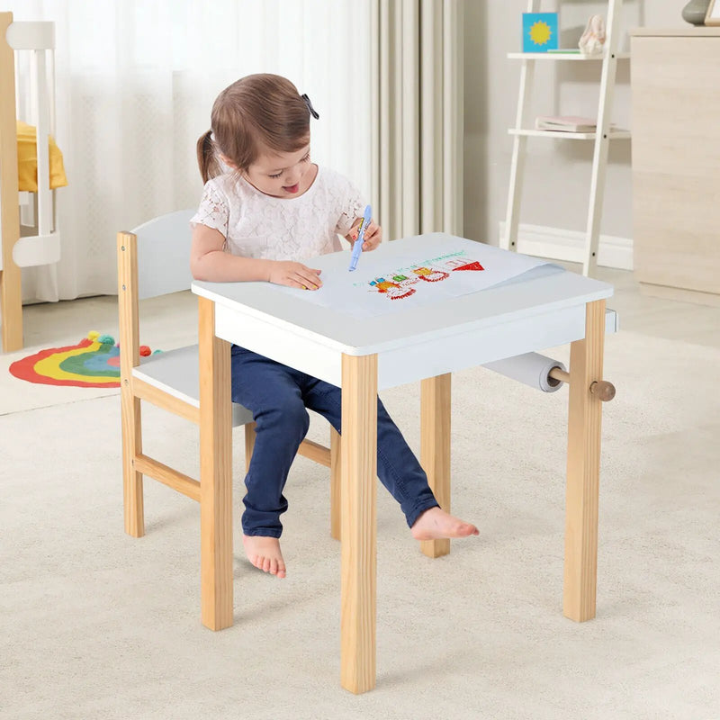 Kids Art Table and Chair Set with Drawer Paper Roll and 2 Markers-White by DirectDeals