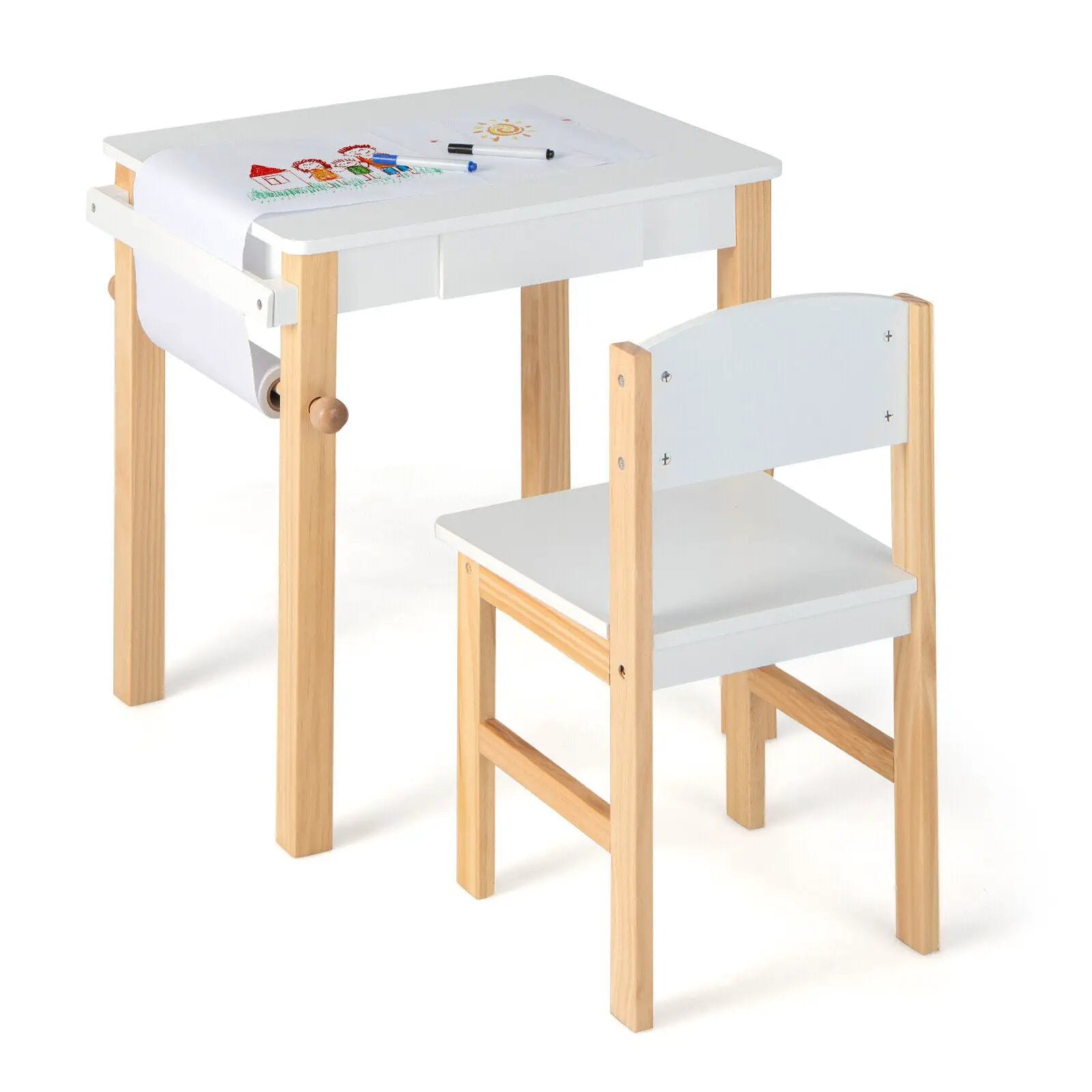 Kids Art Table and Chair Set with Drawer Paper Roll and 2 Markers-White by DirectDeals