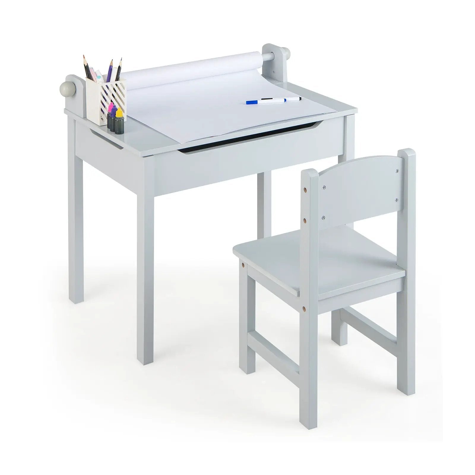 Wooden Kids Table and Chair Set with Storage and Paper Roll Holder by DirectDeals
