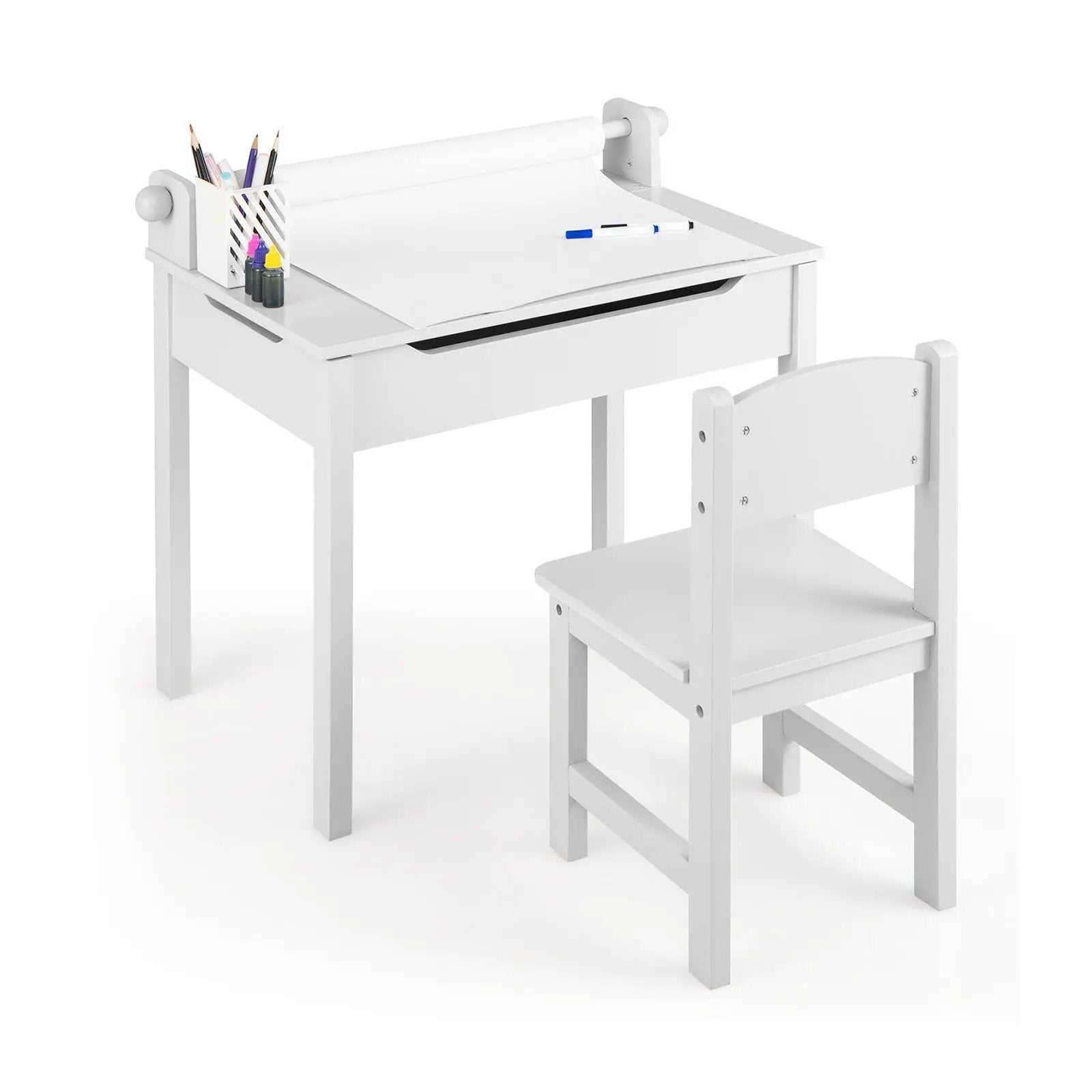 Wooden Kids Table and Chair Set with Storage and Paper Roll Holder by DirectDeals