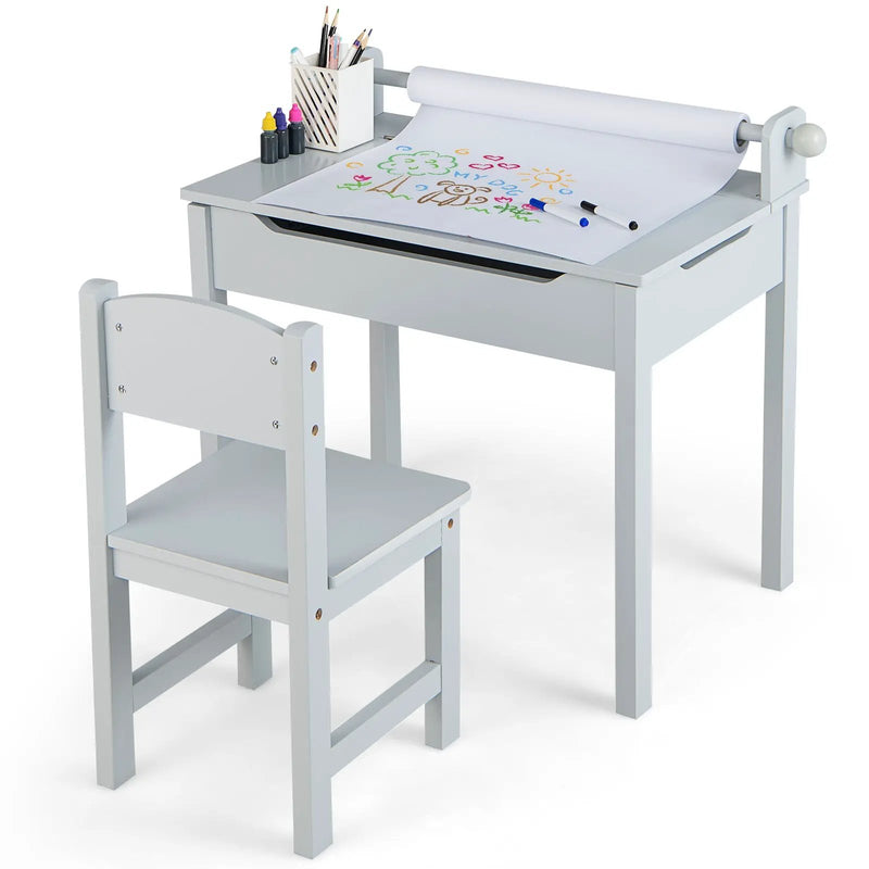 Wooden Kids Table and Chair Set with Storage and Paper Roll Holder by DirectDeals