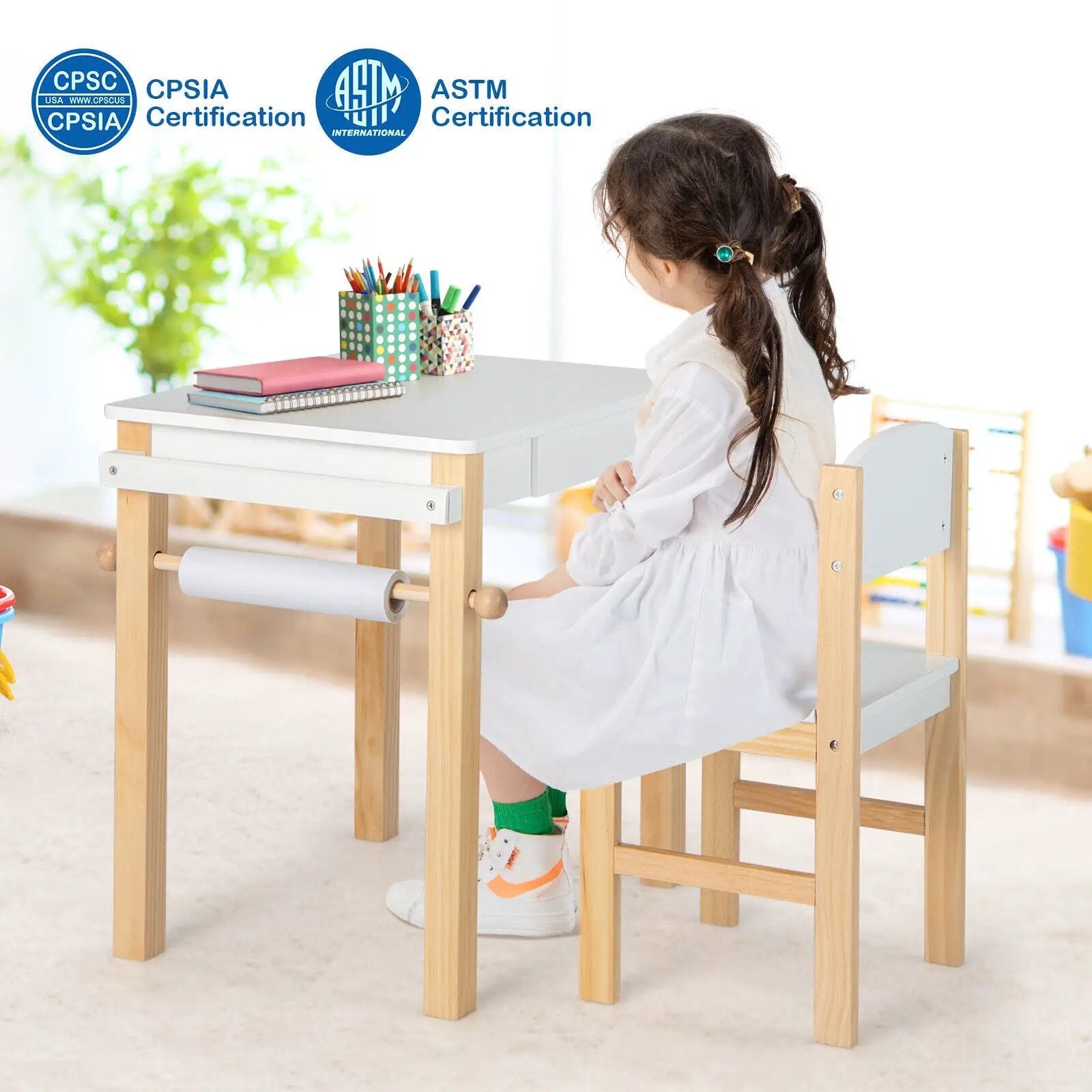 Kids Art Table and Chair Set with Drawer Paper Roll and 2 Markers-White by DirectDeals