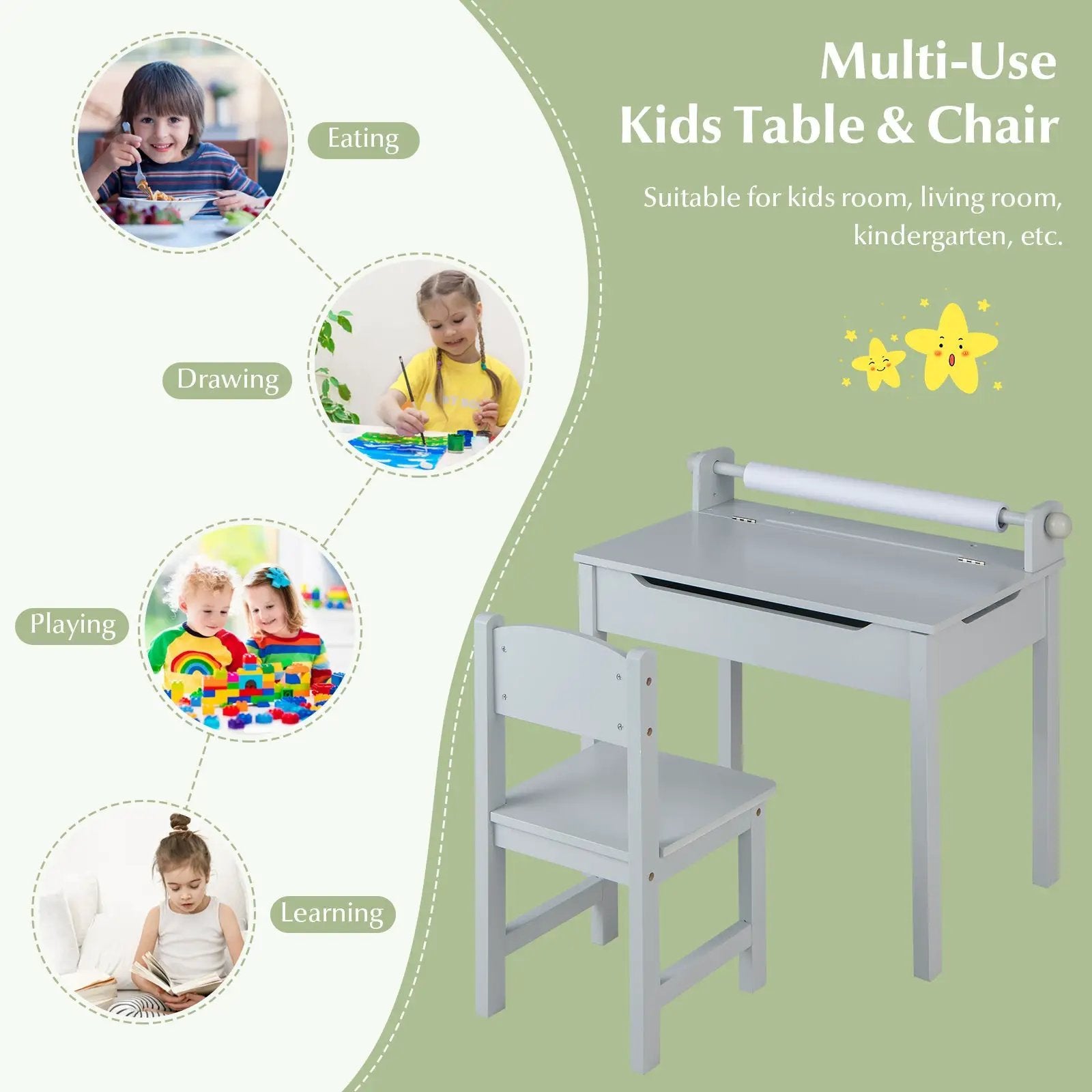 Wooden Kids Table and Chair Set with Storage and Paper Roll Holder by DirectDeals