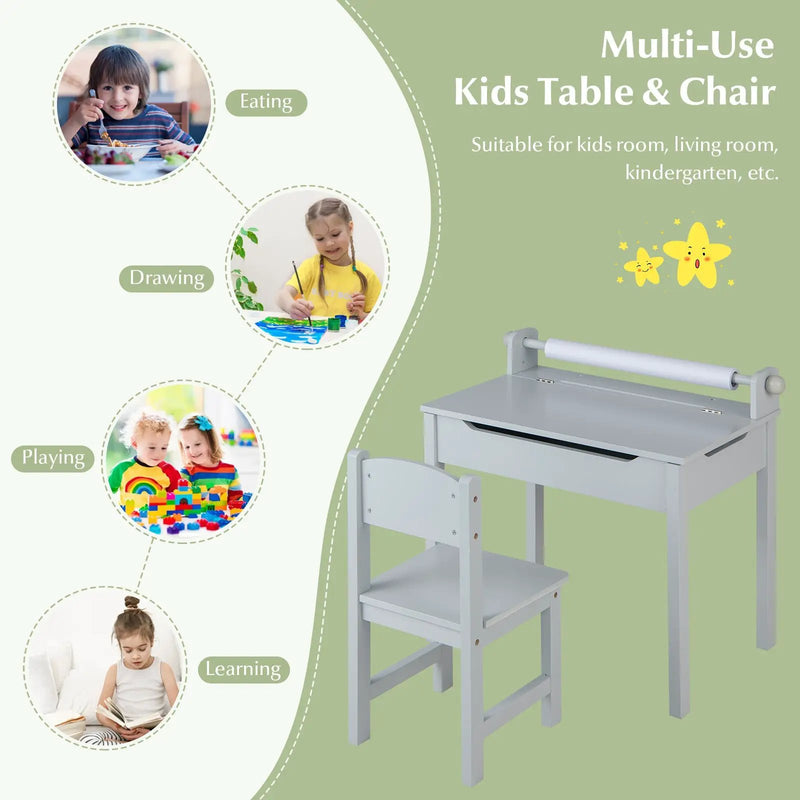 Wooden Kids Table and Chair Set with Storage and Paper Roll Holder by DirectDeals
