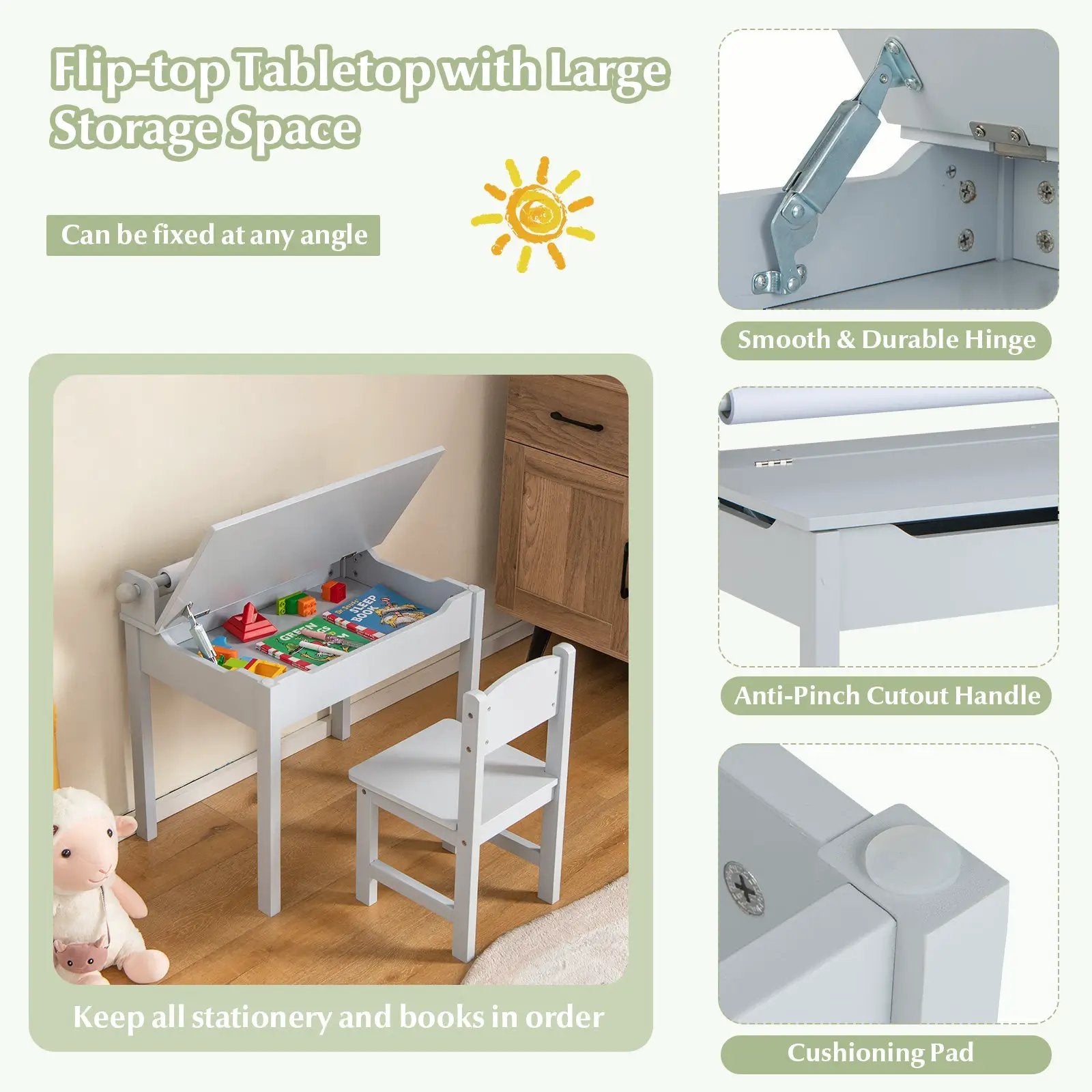 Wooden Kids Table and Chair Set with Storage and Paper Roll Holder by DirectDeals