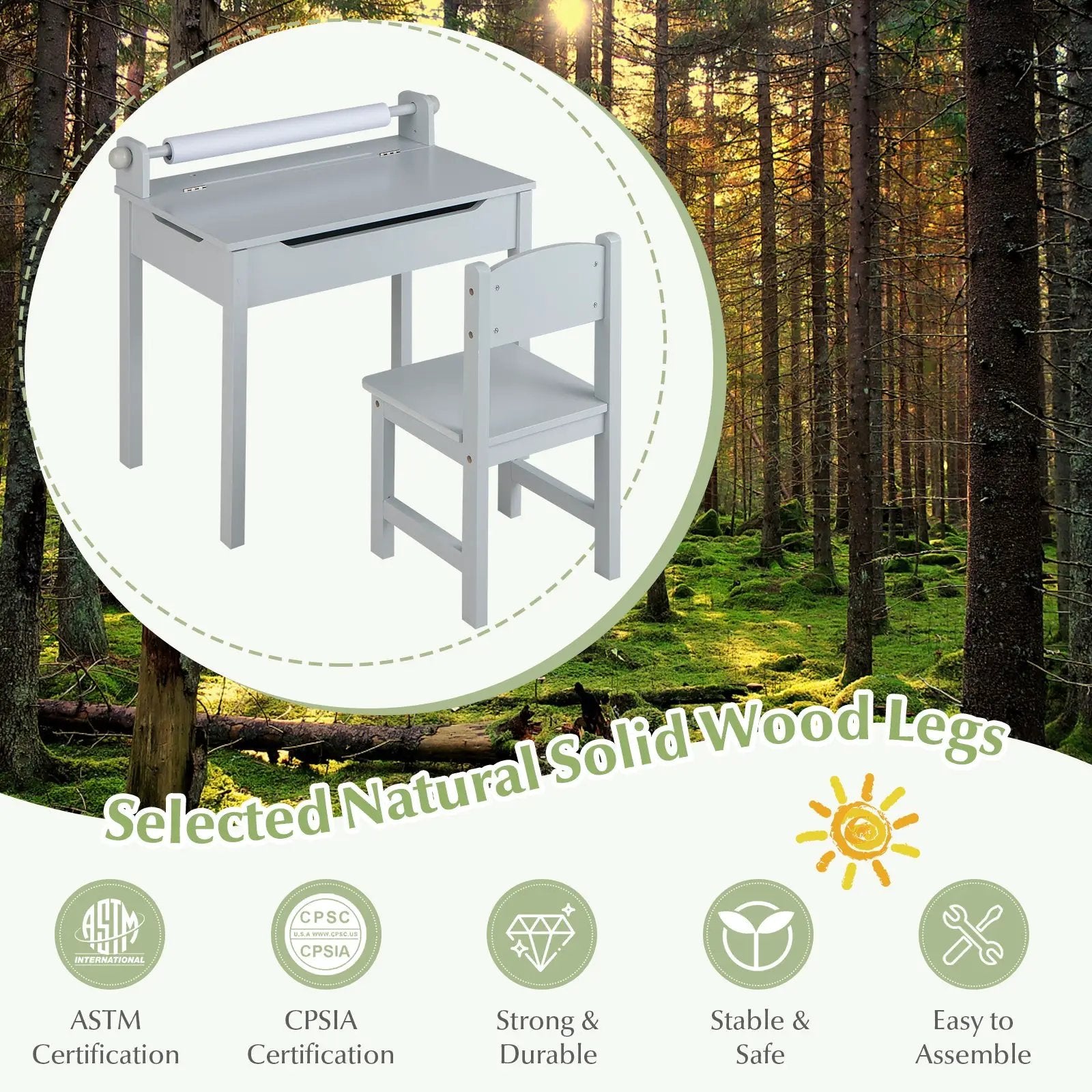 Wooden Kids Table and Chair Set with Storage and Paper Roll Holder by DirectDeals
