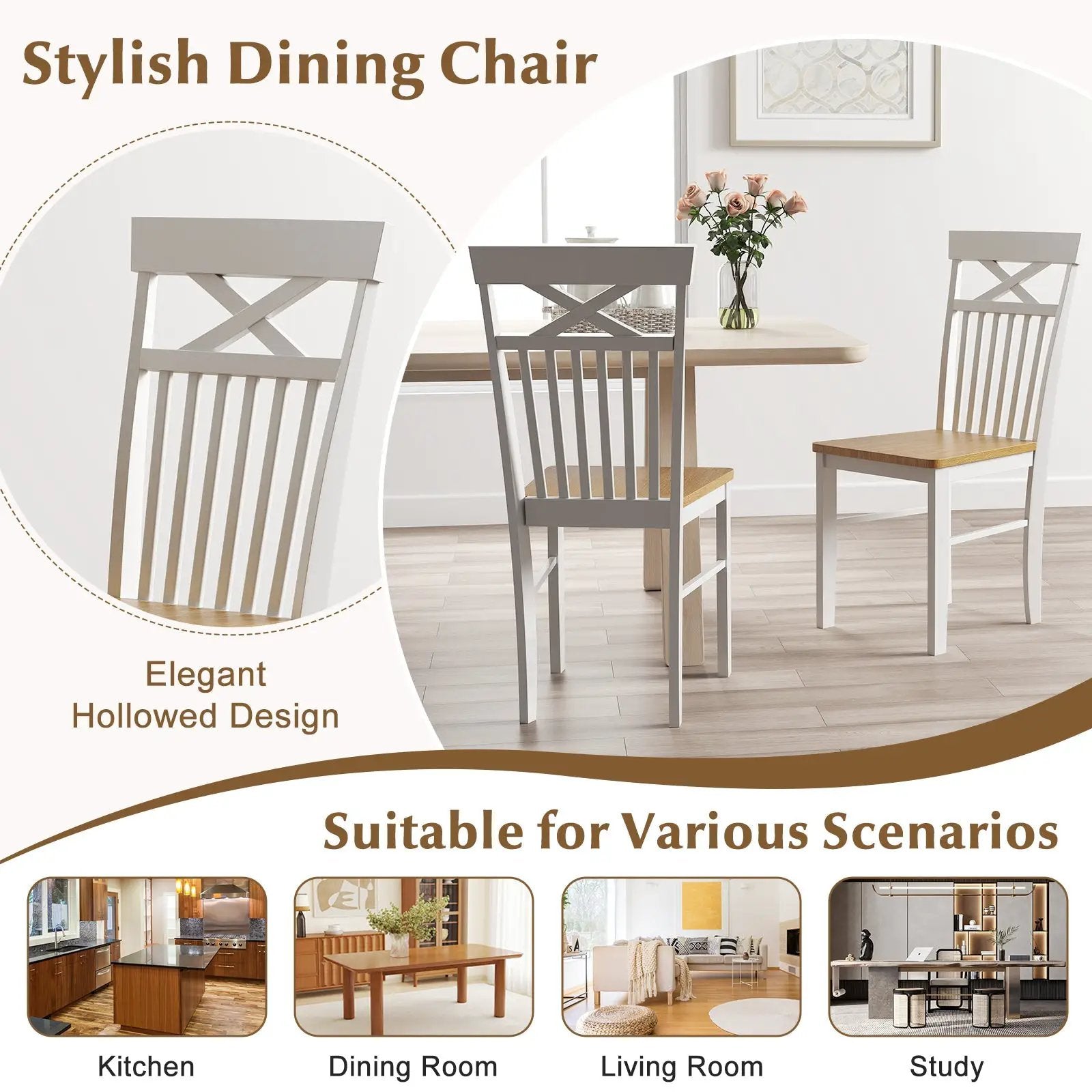 Wooden Kitchen Dining Chair Set of 2 with Rubber Wood Frame-Natural by DirectDeals