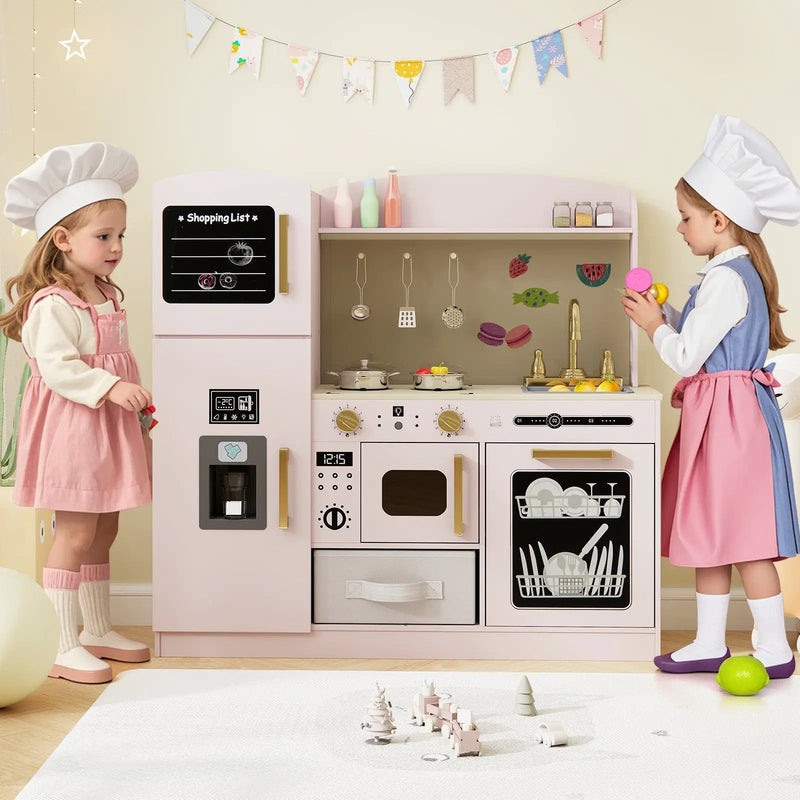 Wooden Kids Kitchen Playset with Chalkboard Ice Maker Sink Lighted Microwave by DirectDeals