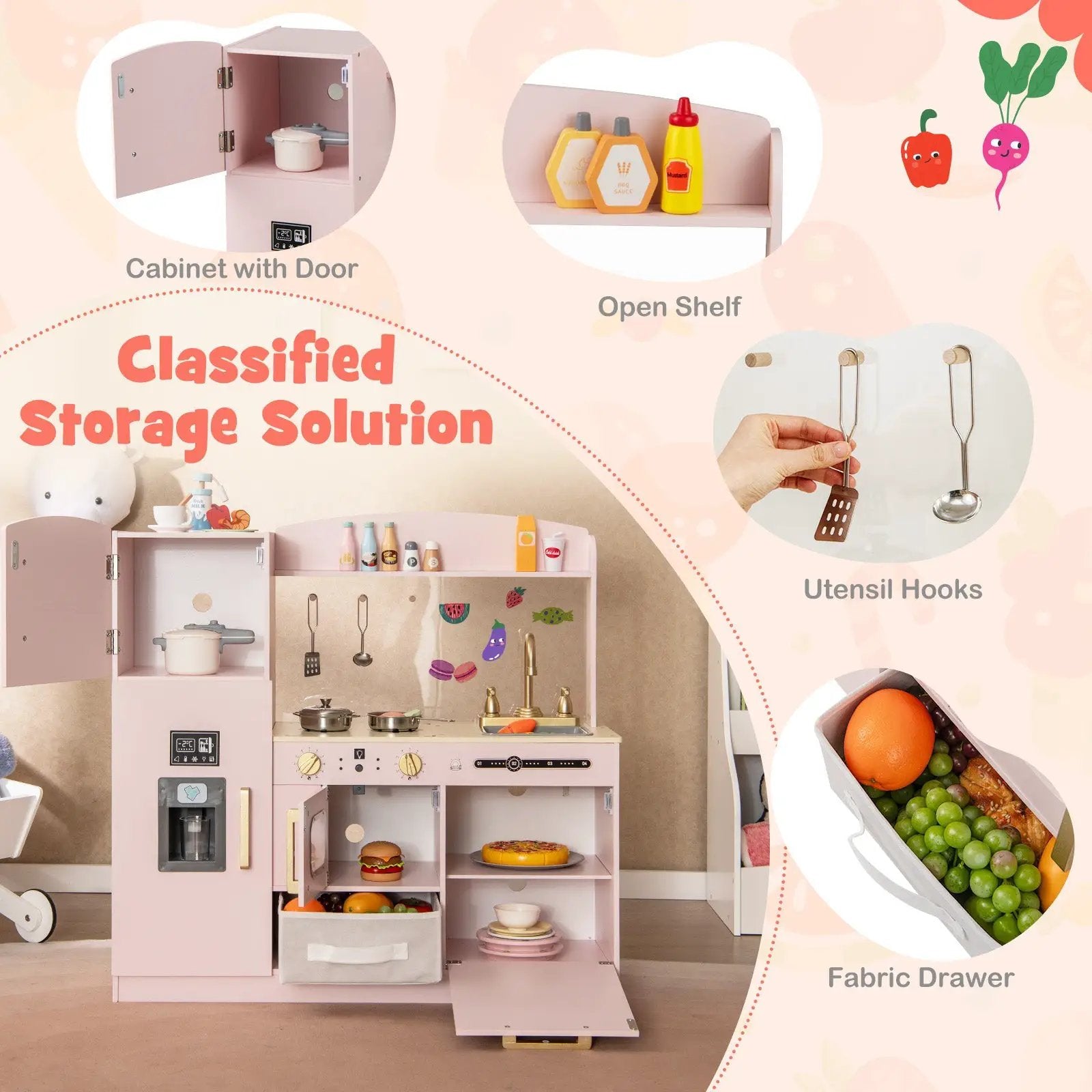 Wooden Kids Kitchen Playset with Chalkboard Ice Maker Sink Lighted Microwave by DirectDeals