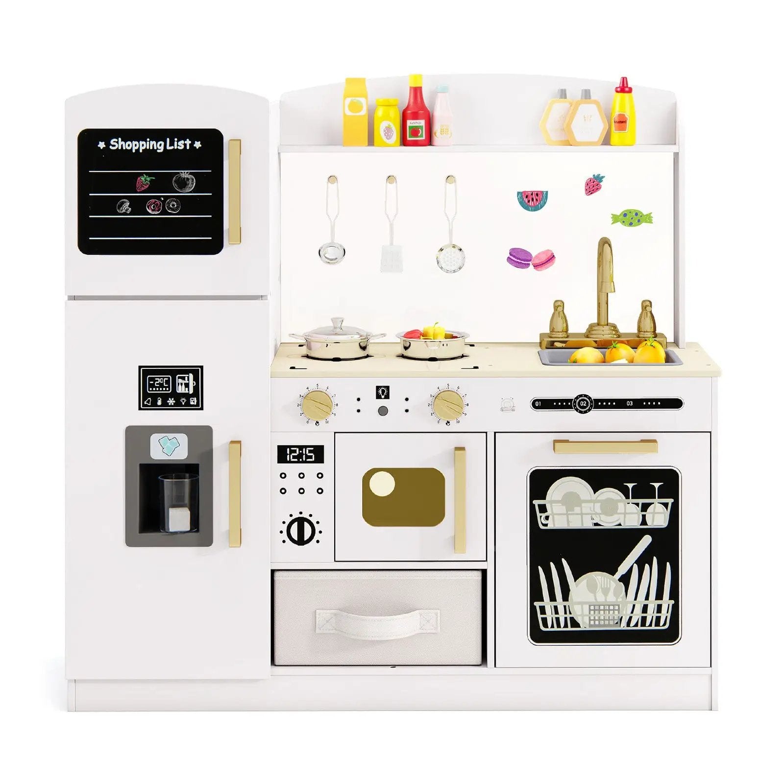 Wooden Kids Kitchen Playset with Chalkboard Ice Maker Sink Lighted Microwave by DirectDeals