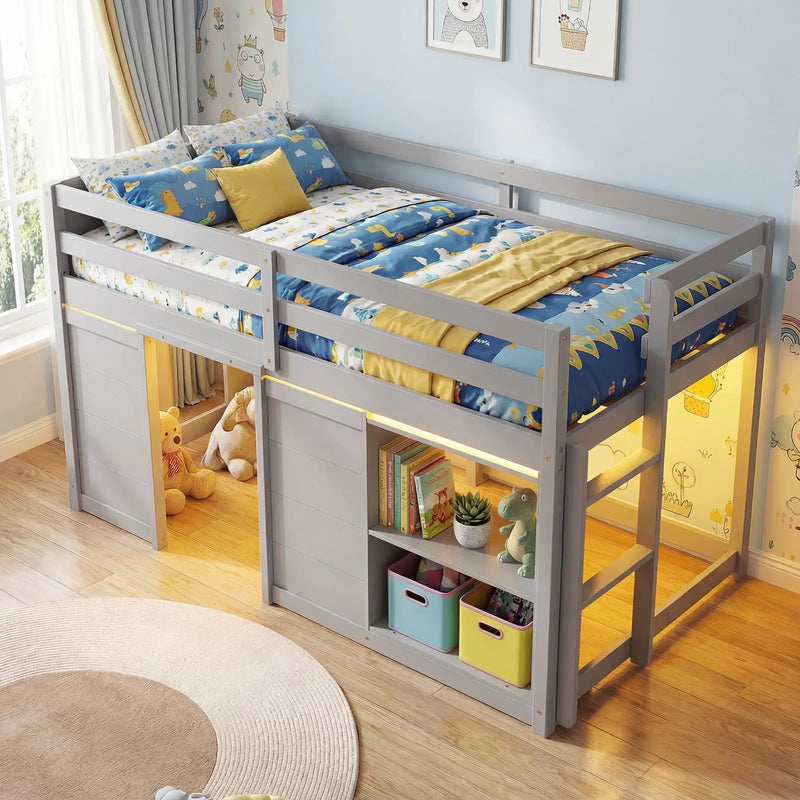 Wooden Low Kids Loft Bed with LED Lights and 2 Doors by DirectDeals