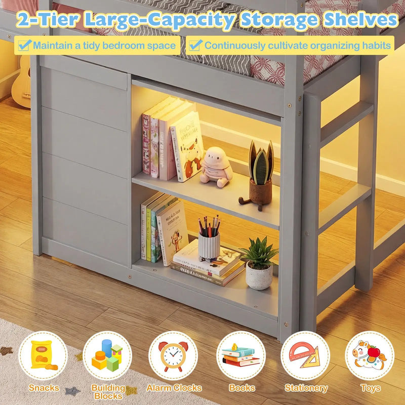Wooden Low Kids Loft Bed with LED Lights and 2 Doors by DirectDeals