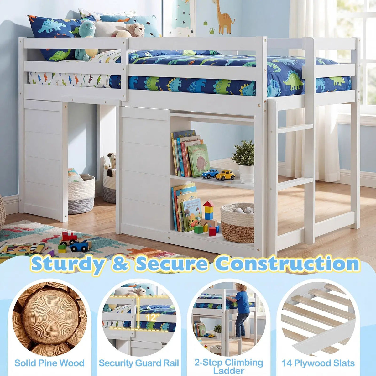 Wooden Low Kids Loft Bed with LED Lights and 2 Doors, photo 2 of 16