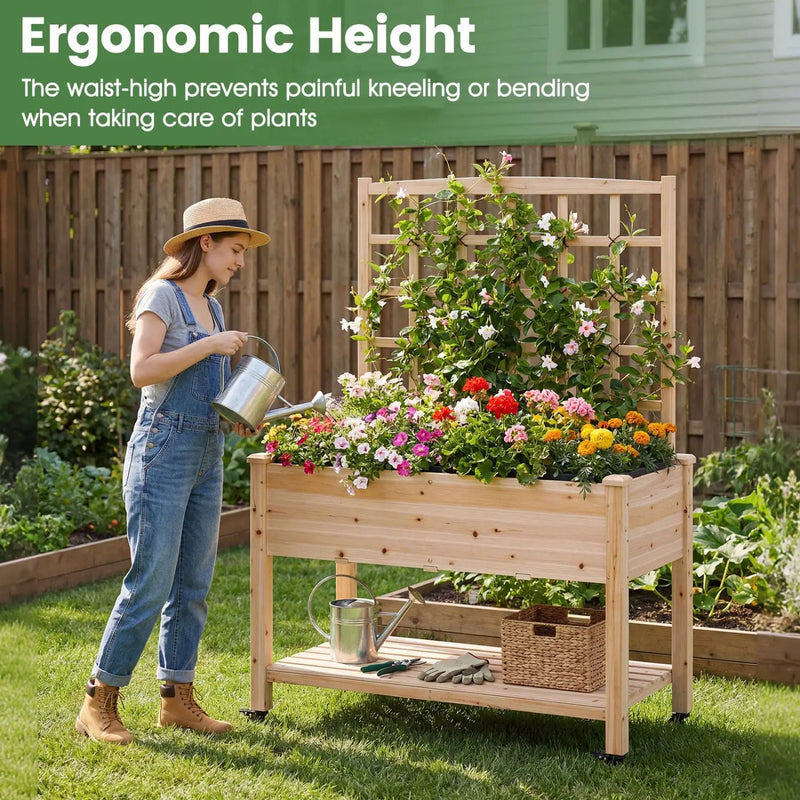 Wooden Mobile Raised Garden Bed on Wheels with Trellis by DirectDeals