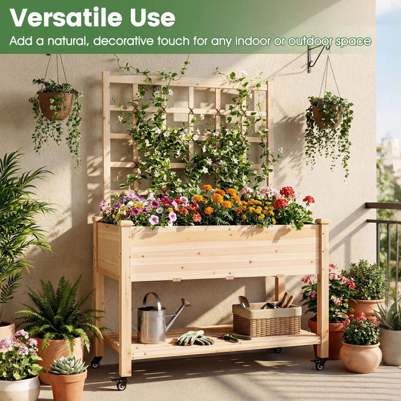Wooden Mobile Raised Garden Bed on Wheels with Trellis by DirectDeals