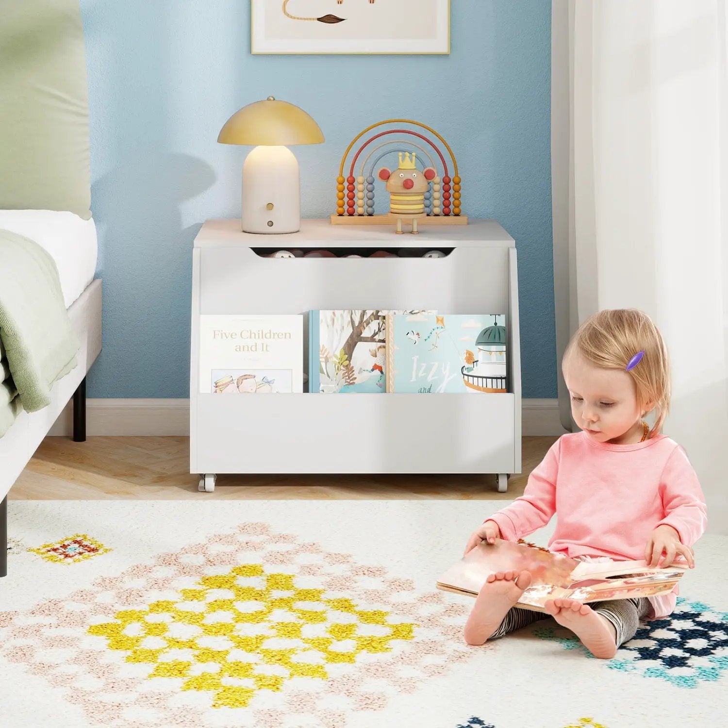 Wooden Mobile Toy Storage Organizer with Bookshelf and Lockable Wheels by DirectDeals