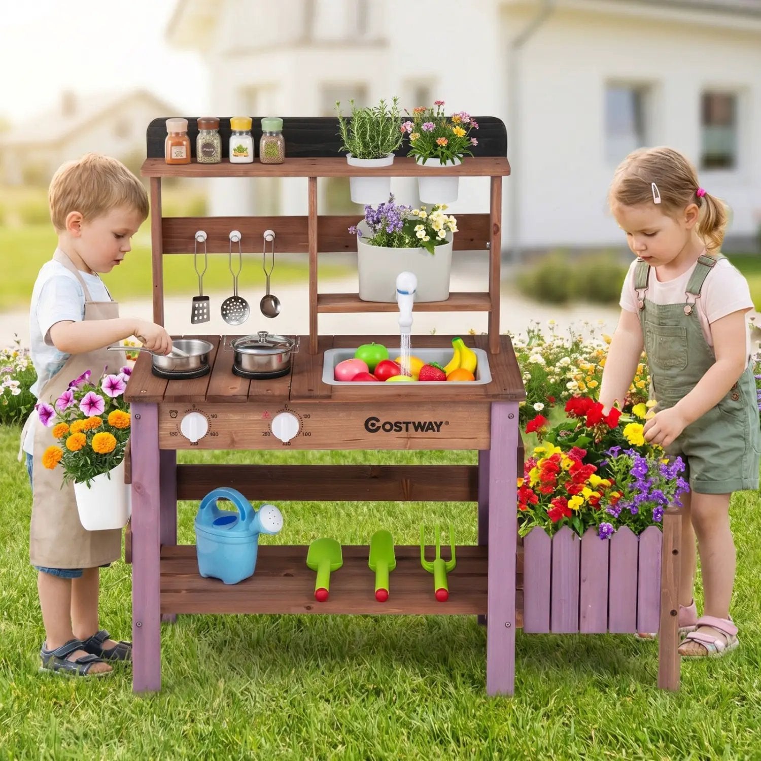Wooden Mud Kitchen Set with Running Water Faucet Tank by DirectDeals