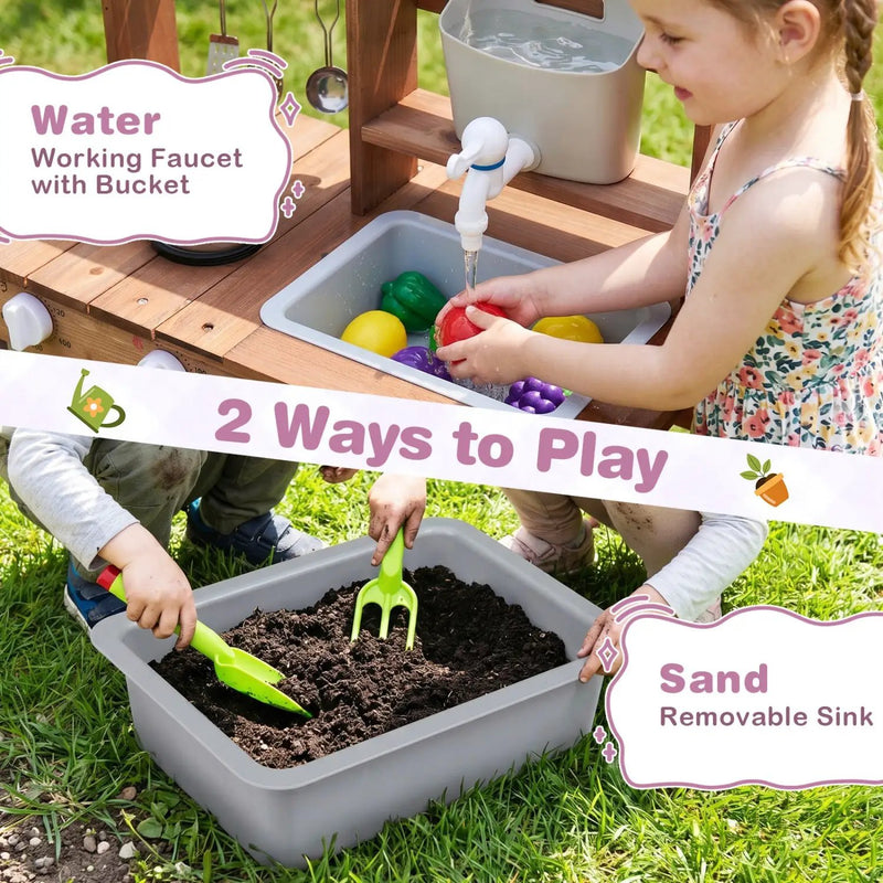 Wooden Mud Kitchen Set with Running Water Faucet Tank by DirectDeals