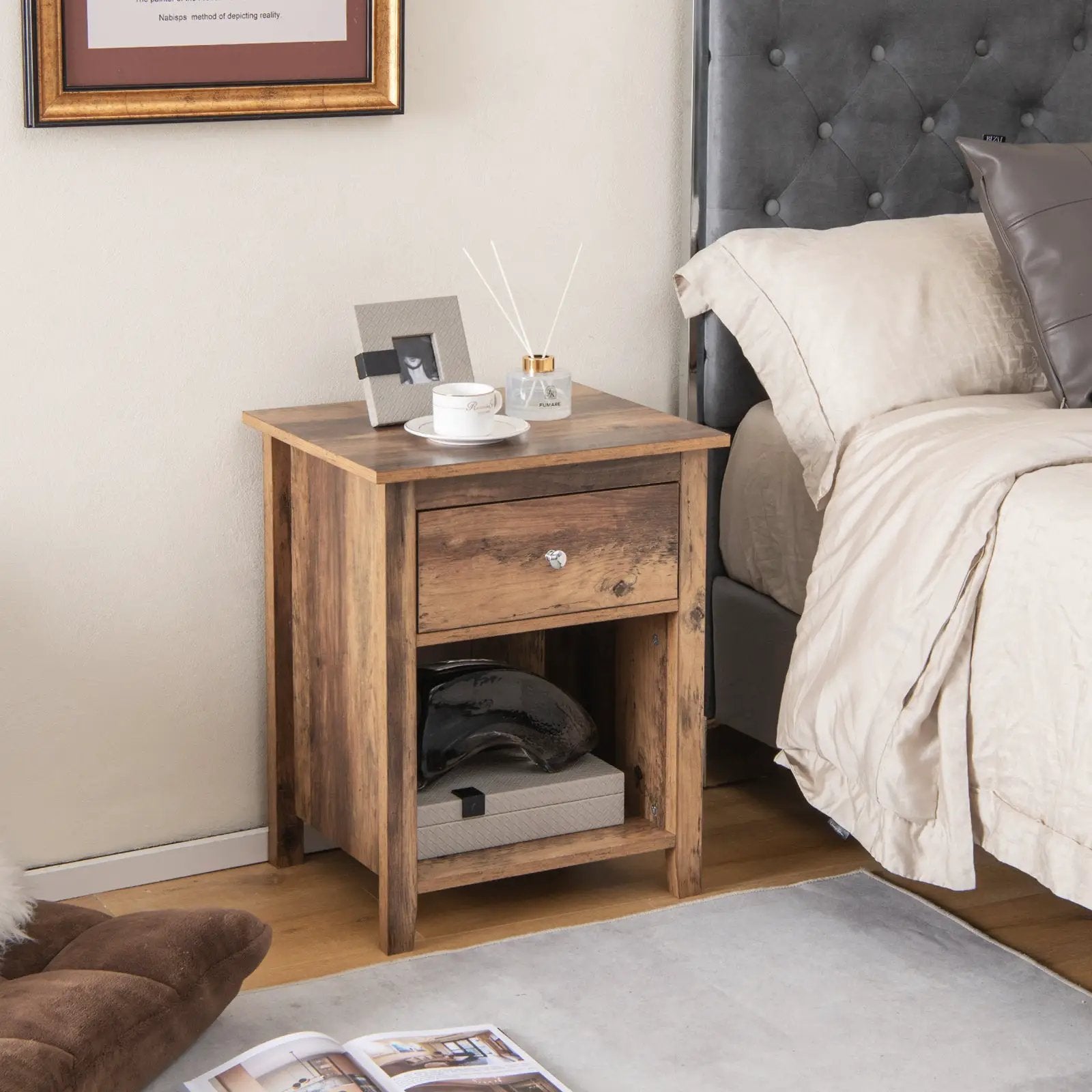 Wooden Nightstand with Slide-out Drawer and Open Shelf by DirectDeals