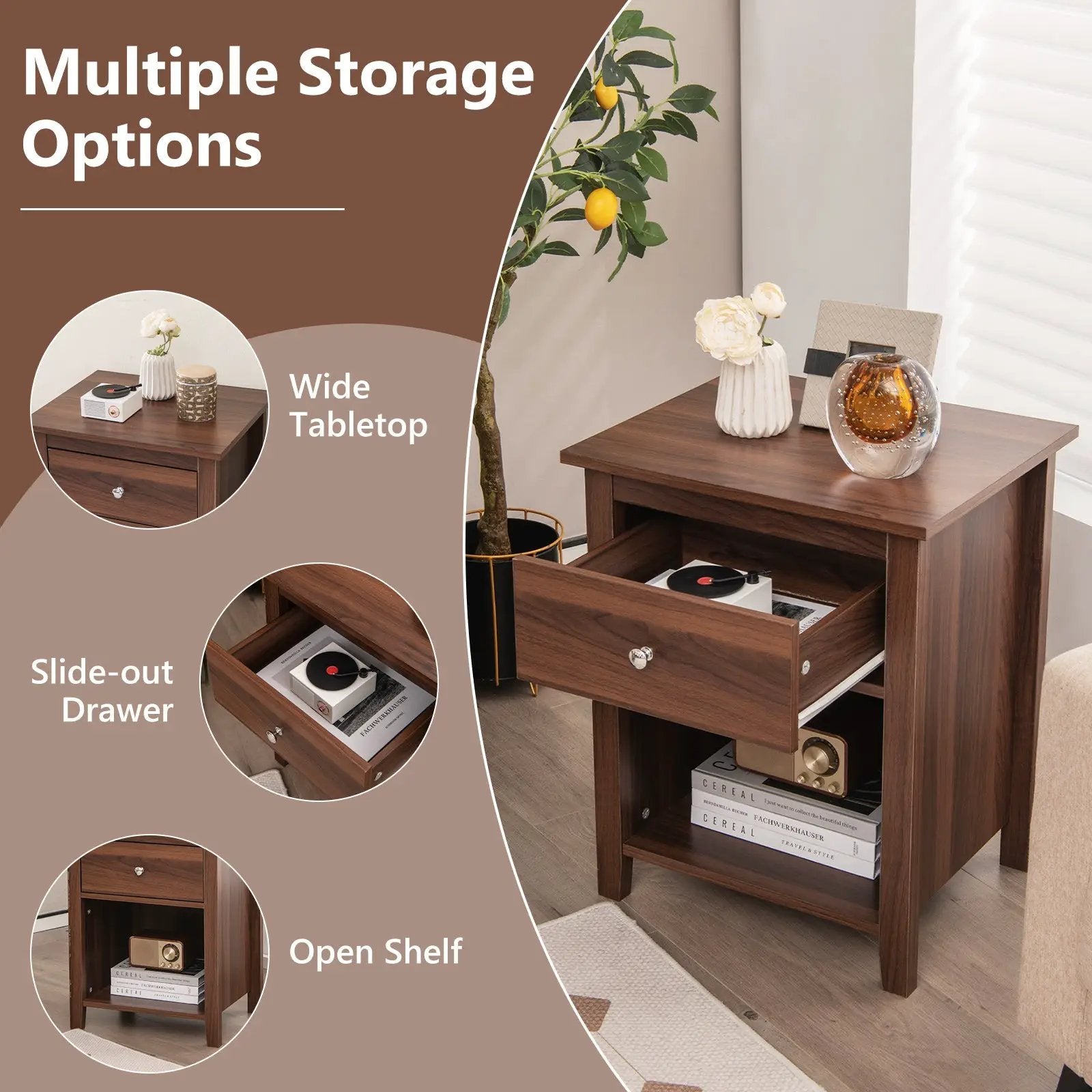 Wooden Nightstand with Slide-out Drawer and Open Shelf by DirectDeals