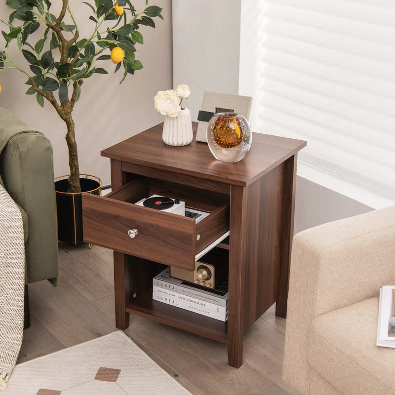 Wooden Nightstand with Slide-out Drawer and Open Shelf by DirectDeals