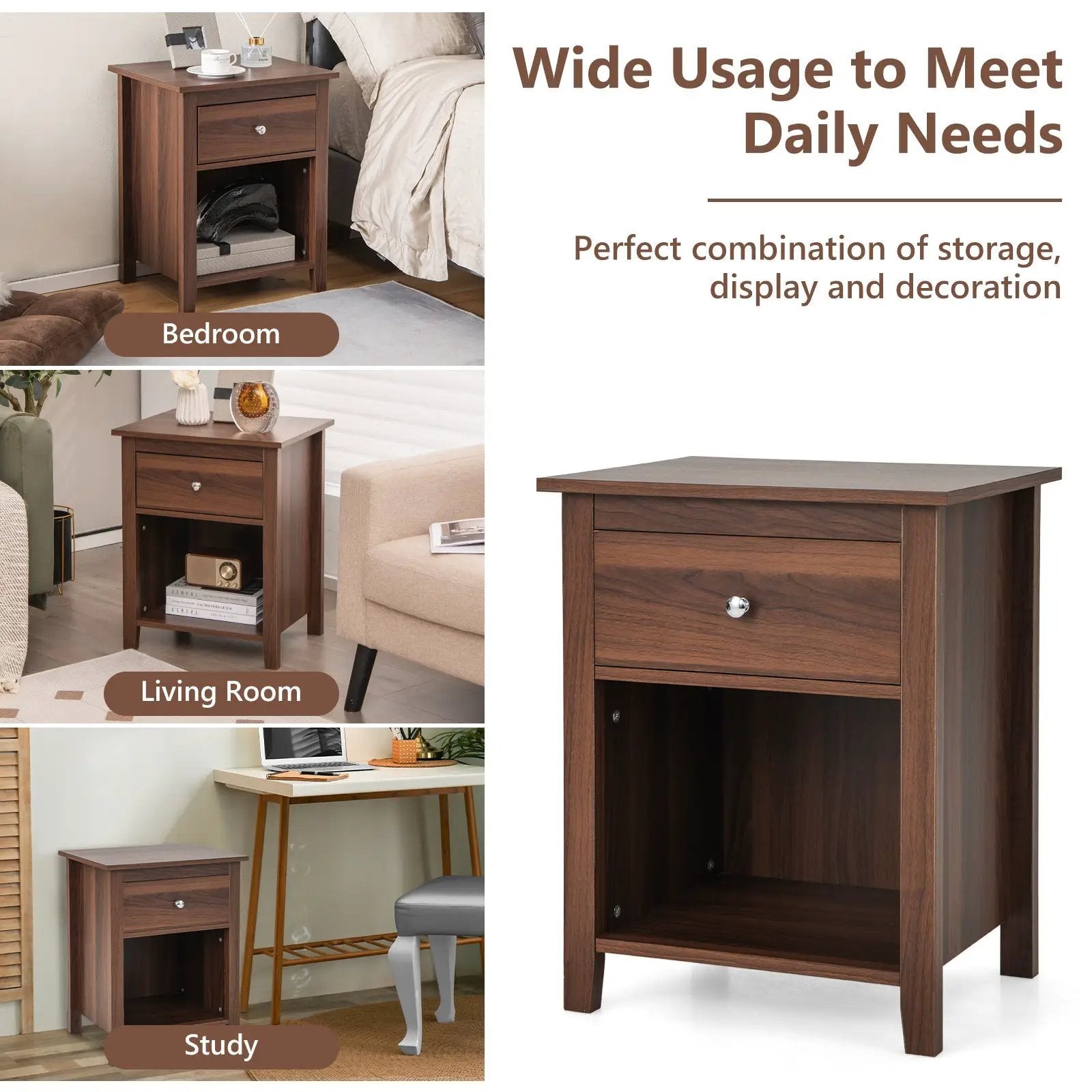 Wooden Nightstand with Slide-out Drawer and Open Shelf by DirectDeals