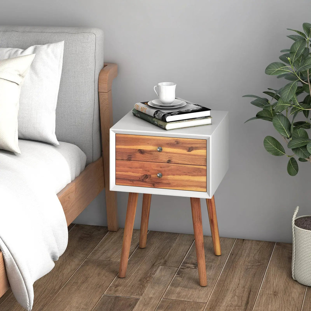 Wooden Nightstand Mid-Century End Side Table with 2 Storage Drawers