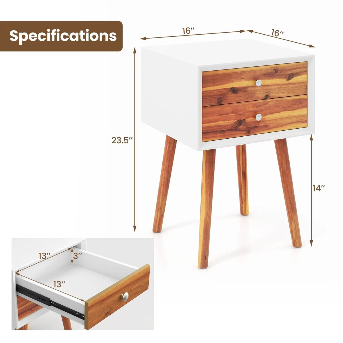 Wooden Nightstand Mid-Century End Side Table with 2 Storage Drawers, photo 5 of 11