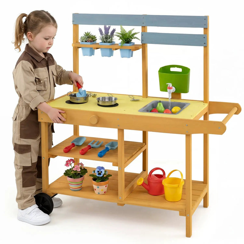 Wooden Outdoor Mud Kitchen for Kids with Wheels - Yellow by DirectDeals