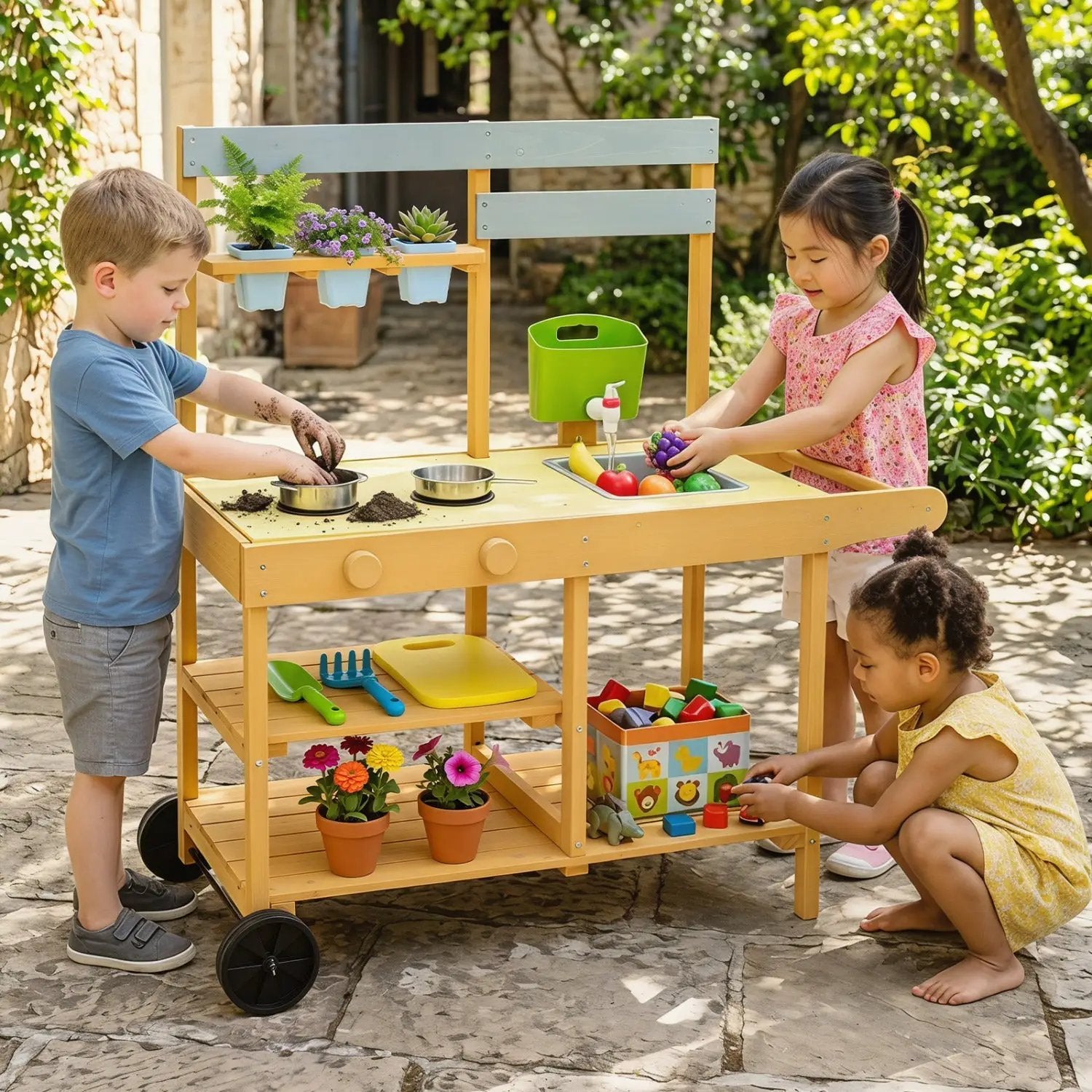 Wooden Outdoor Mud Kitchen for Kids with Wheels - Yellow by DirectDeals