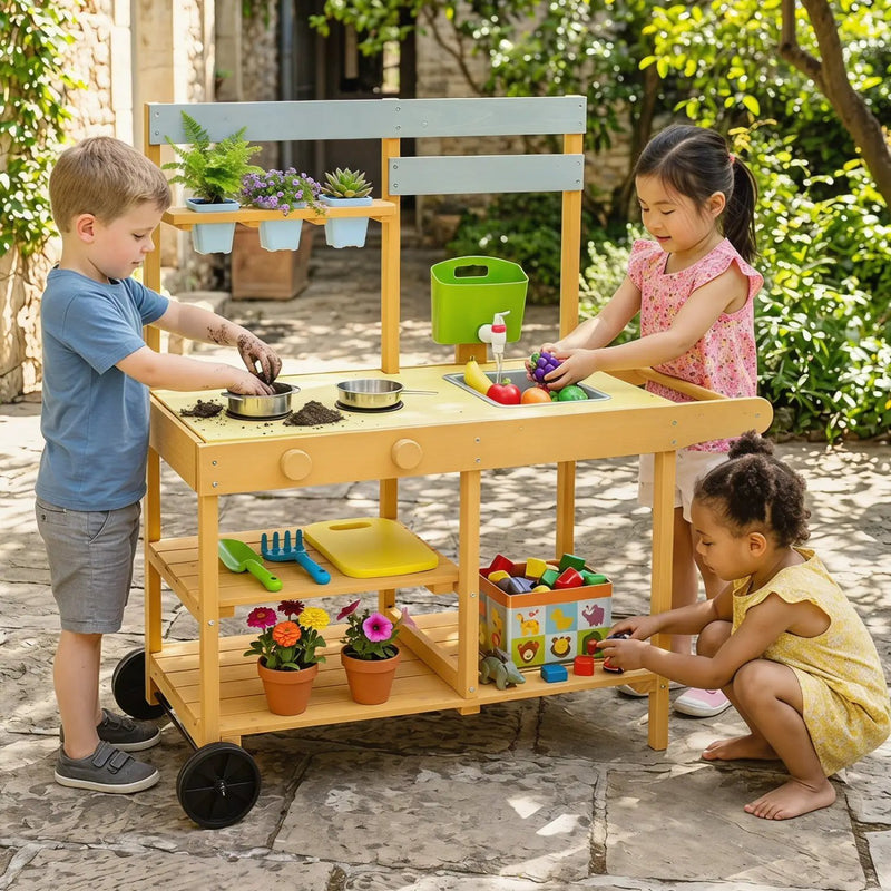 Wooden Outdoor Mud Kitchen for Kids with Wheels - Yellow by DirectDeals