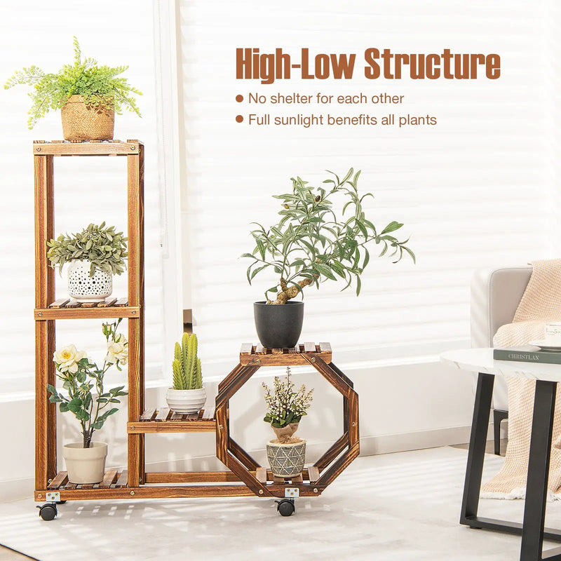 6-Tier Wooden Plant Stand with Wheels-Brown by DirectDeals
