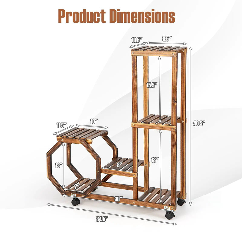 6-Tier Wooden Plant Stand with Wheels-Brown by DirectDeals