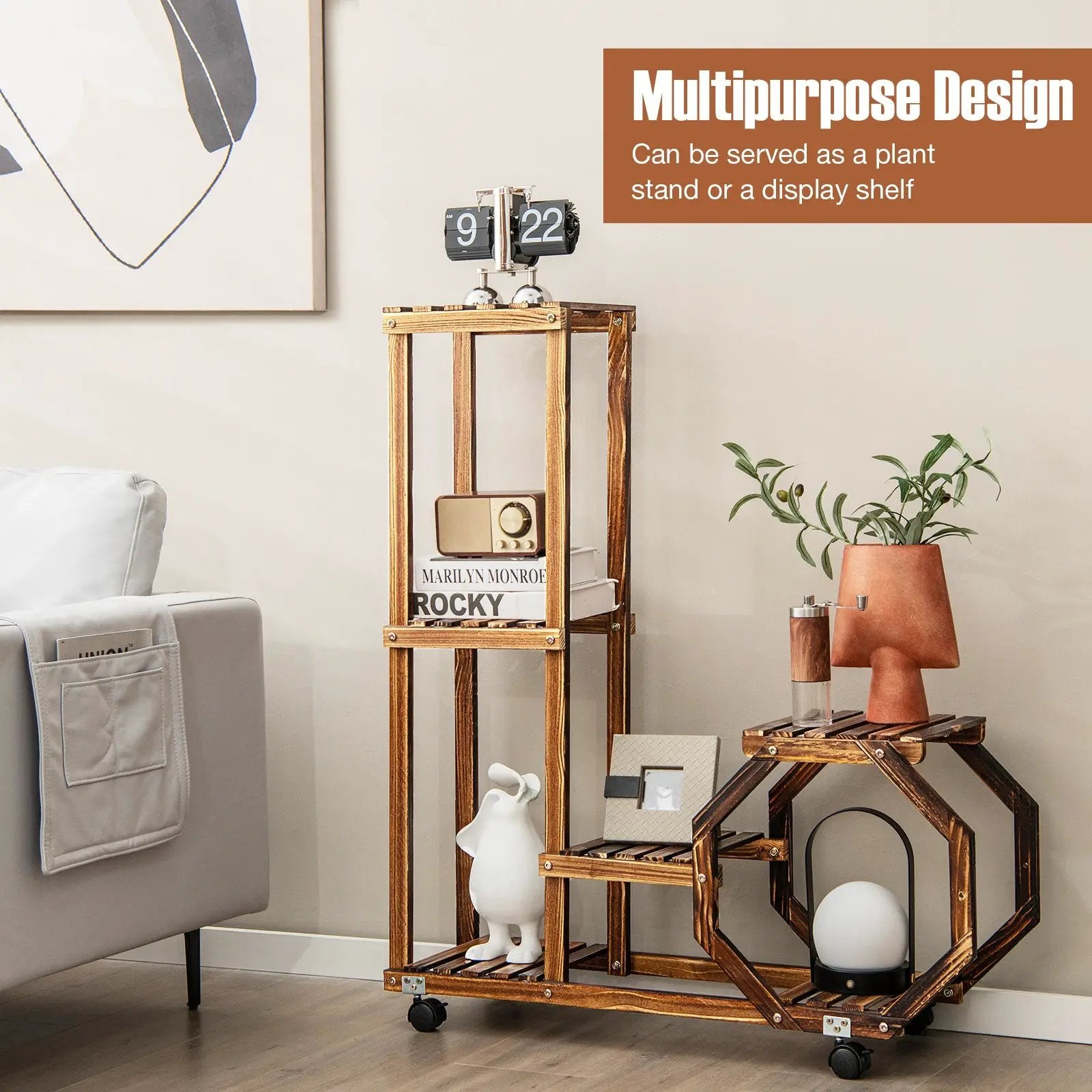 6-Tier Wooden Plant Stand with Wheels-Brown by DirectDeals