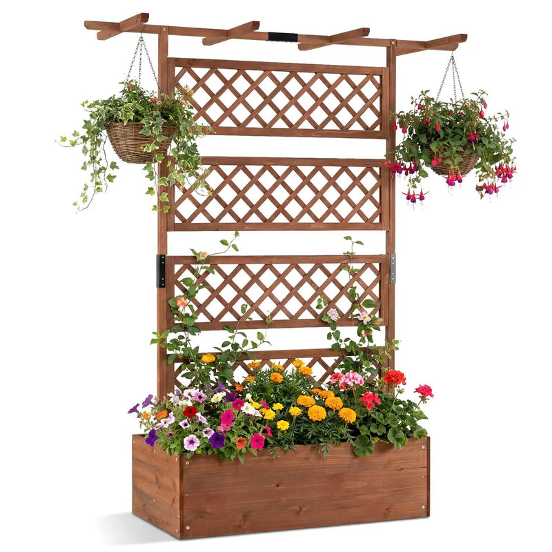 Wooden Planter Box with Lattice Trellis Raised Garden Bed Privacy Screen with Flat Roof by DirectDeals