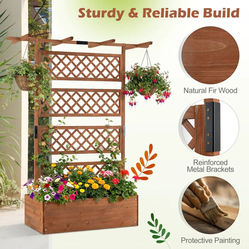 Wooden Planter Box with Lattice Trellis Raised Garden Bed Privacy Screen with Flat Roof by DirectDeals