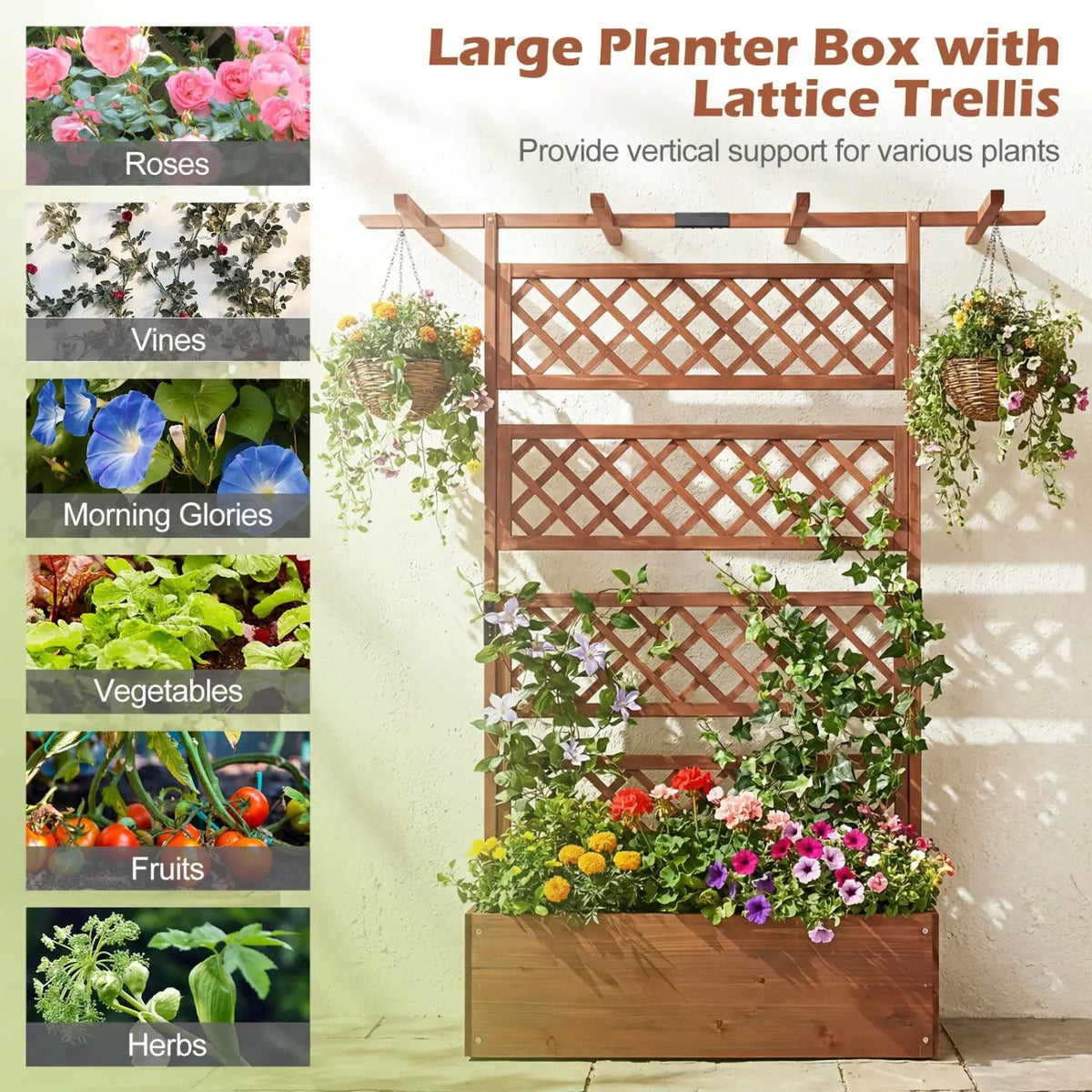 Wooden Planter Box with Lattice Trellis Raised Garden Bed Privacy Screen with Flat Roof, photo 8 of 16