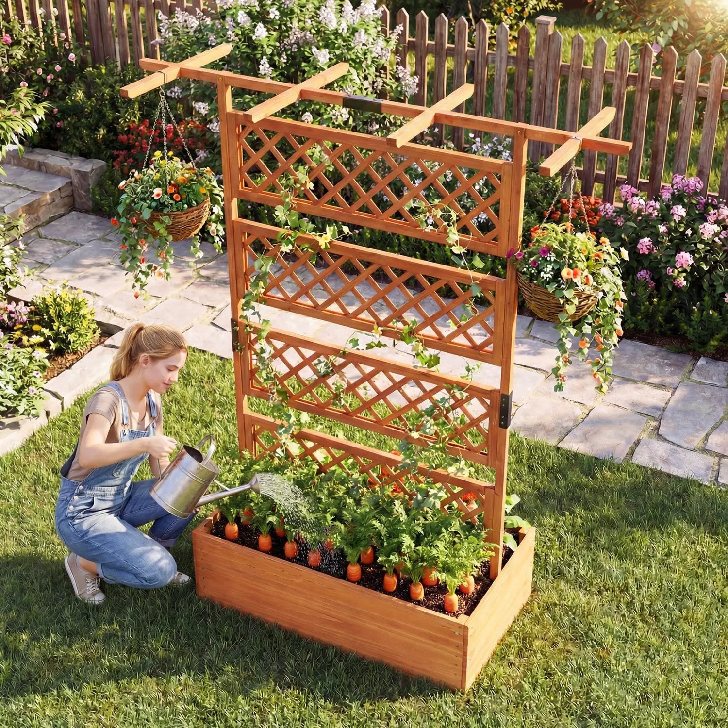 Wooden Planter Box with Lattice Trellis Raised Garden Bed Privacy Screen with Flat Roof by DirectDeals