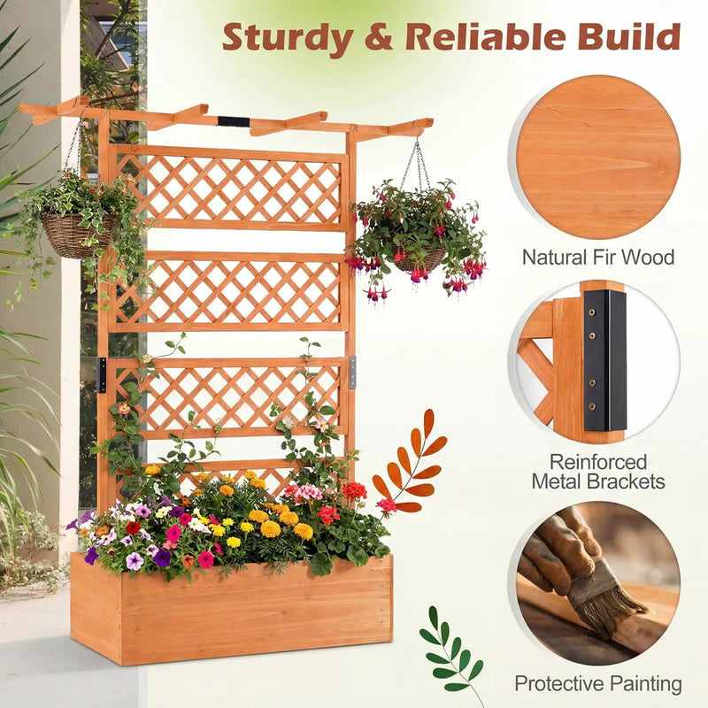 Wooden Planter Box with Lattice Trellis Raised Garden Bed Privacy Screen with Flat Roof by DirectDeals
