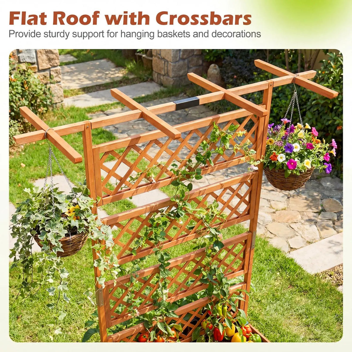 Wooden Planter Box with Lattice Trellis Raised Garden Bed Privacy Screen with Flat Roof, photo 14 of 16